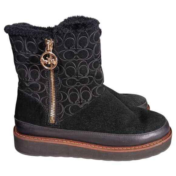Coach Boots 7 Womens Black Signature Isa Suede Snow Flat Round Toe Low Comfort - Picture 6 of 12